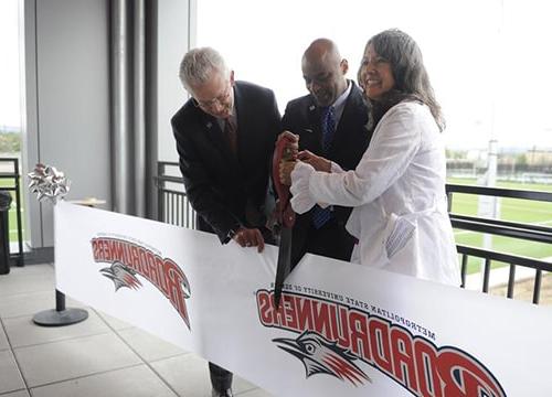 Judy Montero, Mayor Michael Hancock and President Stephen Jordan attend a ribbon cutting ceremony at Metropolitan State University May 6, 2015 to celebrate the completion of the University's $23.6 million Regency Athletic Complex at MSU Denver.